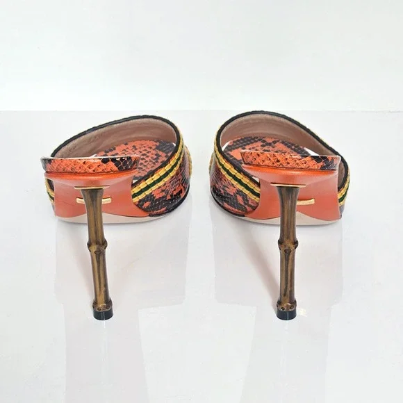 Gucci Bamboo Heel Slide Sandal Heels Orange Python Leather Size 39 Made in Italy - Picture 6 of 10